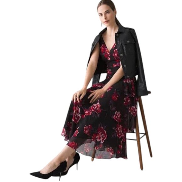 White House Black Market Black Floral V-Neck Dress NWT - Picture 2 of 3
